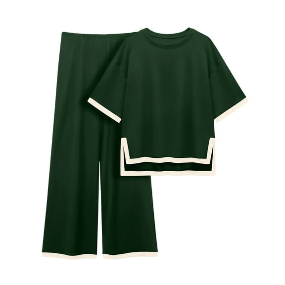 MINTREUS Women's Cotton 2-Piece Loungewear Short-Sleeve Round-Neck Pullover Top Wide-Leg Pants Women's PJ Casual Set