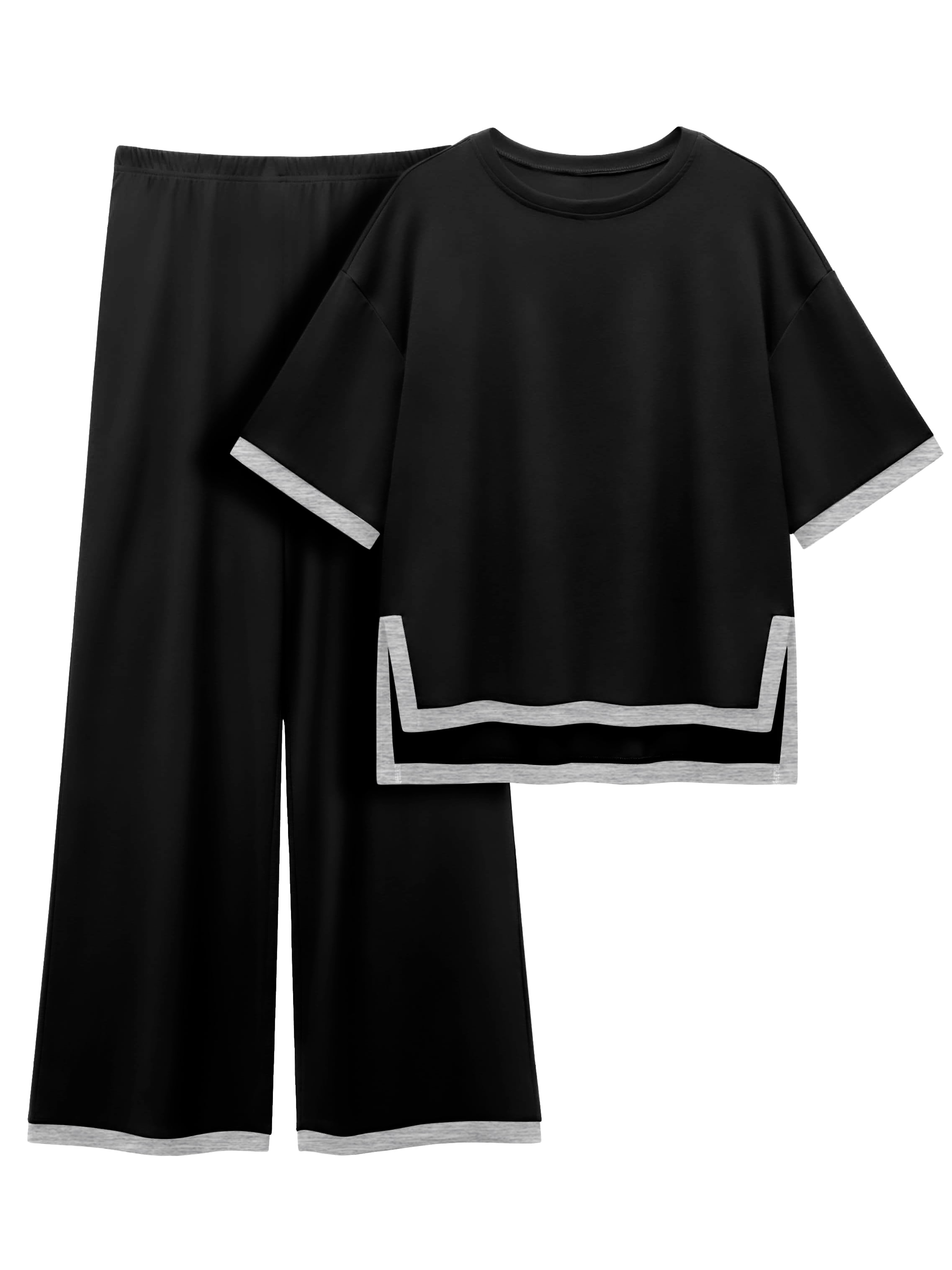 MINTREUS Women's Cotton 2-Piece Loungewear Short-Sleeve Round-Neck Pullover Top Wide-Leg Pants Women's PJ Casual Set