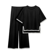 MINTREUS Women's Cotton 2-Piece Loungewear Short-Sleeve Round-Neck Pullover Top Wide-Leg Pants Women's PJ Casual Set