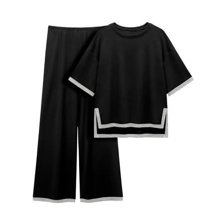 MINTREUS Women's Cotton 2-Piece Loungewear Short-Sleeve Round-Neck Pullover Top Wide-Leg Pants Women's PJ Casual Set S-4X
