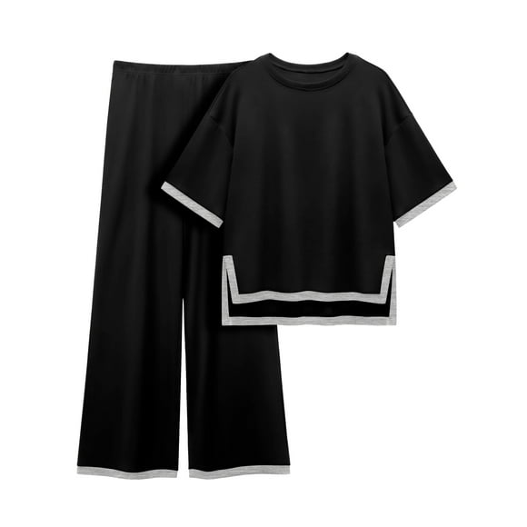 MINTREUS Women's Cotton 2-Piece Loungewear Short-Sleeve Round-Neck Pullover Top Wide-Leg Pants Women's PJ Casual Set