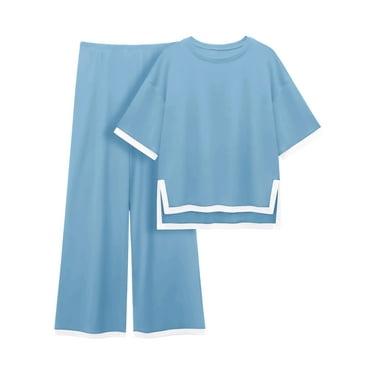 MINTREUS Women's Cotton 2-Piece Loungewear Short-Sleeve Round-Neck Pullover Top Wide-Leg Pants Women's PJ Casual Set
