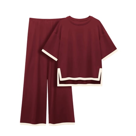 MINTREUS Women's Cotton 2-Piece Loungewear Short-Sleeve Round-Neck Pullover Top Wide-Leg Pants Women's PJ Casual Set S-4X