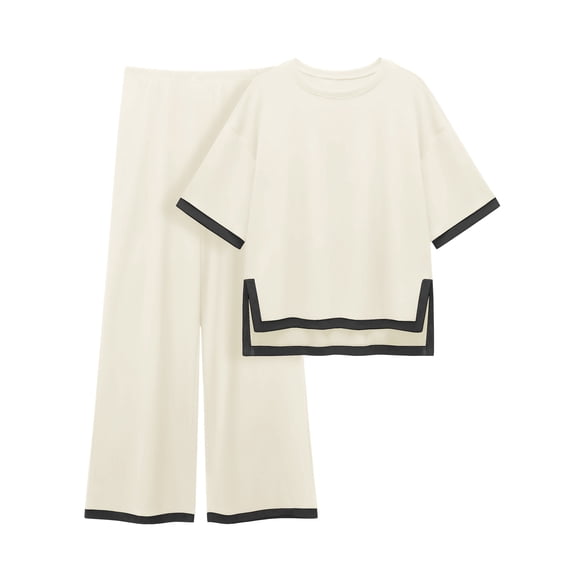 MINTREUS Plus Size Women's Cotton 2-Piece Loungewear Short-Sleeve Round-Neck Pullover Top Wide-Leg Pants Women's PJ Casual Set S-4X