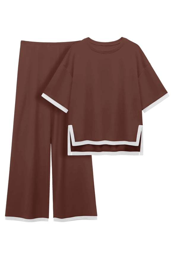 Plus Size Women's Cotton 2-Piece Loungewear Short-Sleeve Round-Neck Pullover Top Wide-Leg Pants Women's PJ Casual Set S-4X