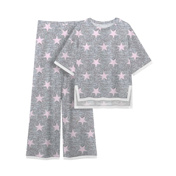 MINTREUS Women's Cotton 2-Piece Loungewear Short-Sleeve Round-Neck Pullover Top Wide-Leg Pants Women's PJ Casual Set S-4X