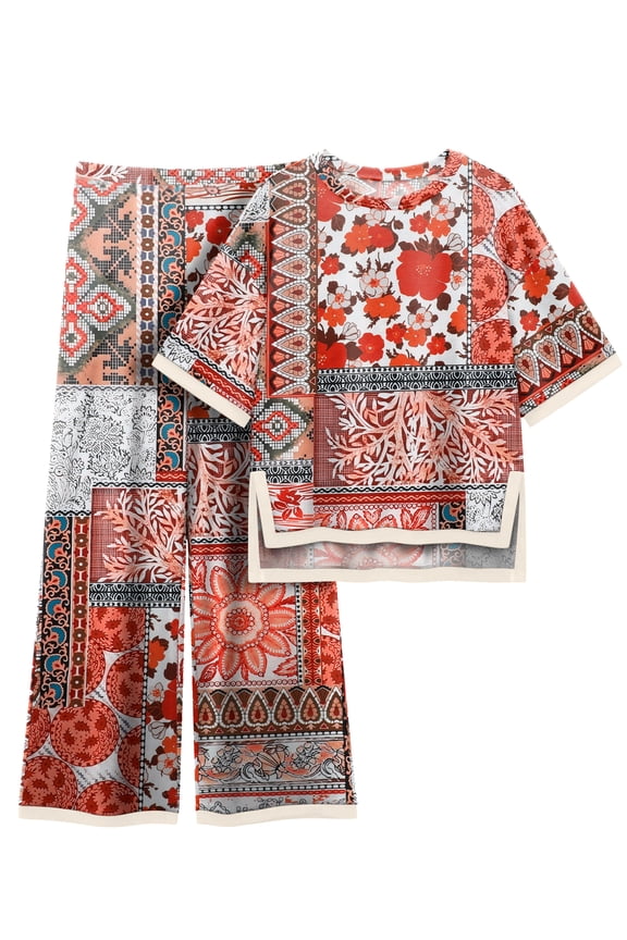 Women's Cotton 2-Piece Loungewear Short-Sleeve Round-Neck Pullover Top Wide-Leg Pants Women's PJ Casual Set S-4X