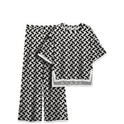 MINTREUS Women's Cotton 2-Piece Loungewear Short-Sleeve Round-Neck Pullover Top Wide-Leg Pants Women's PJ Casual Set