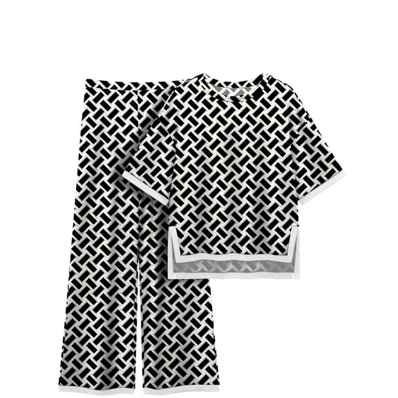 MINTREUS Women's Cotton 2-Piece Loungewear Short-Sleeve Round-Neck Pullover Top Wide-Leg Pants Women's PJ Casual Set