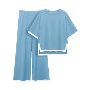 MINTREUS Women's Cotton 2-Piece Loungewear Short-Sleeve Round-Neck Pullover Top Wide-Leg Pants Women's PJ Casual Set