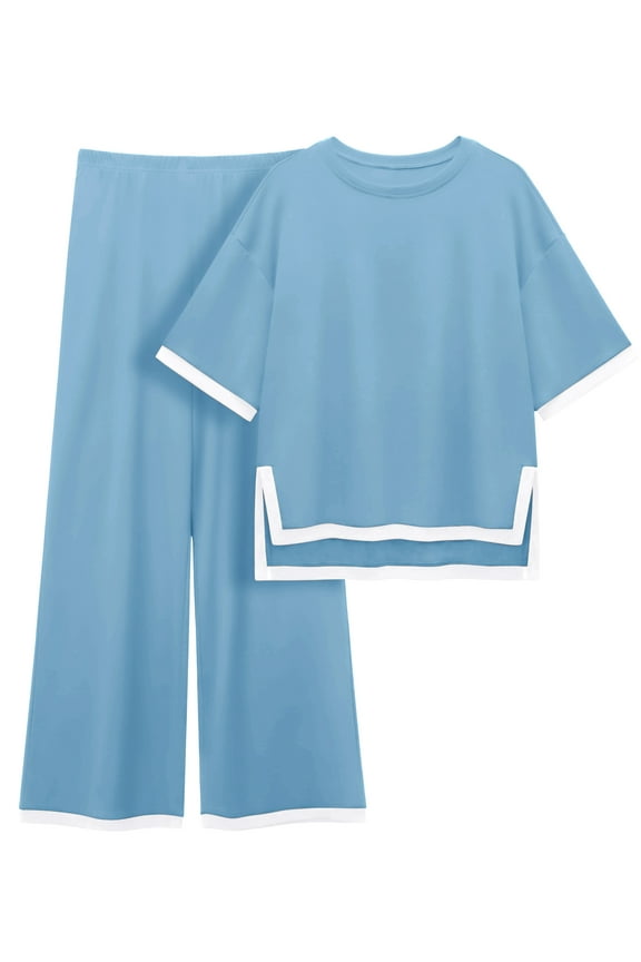 Women's Cotton 2-Piece Loungewear Short-Sleeve Round-Neck Pullover Top Wide-Leg Pants Women's PJ Casual Set S-4X