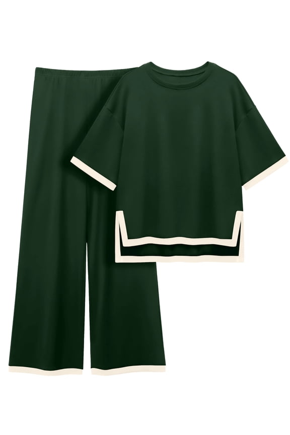 Plus Size Women's Cotton 2-Piece Loungewear Short-Sleeve Round-Neck Pullover Top Wide-Leg Pants Women's PJ Casual Set S-4X