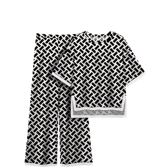 MINTREUS Women's Cotton 2-Piece Loungewear Short-Sleeve Round-Neck Pullover Top Wide-Leg Pants Women's PJ Casual Set S-4X