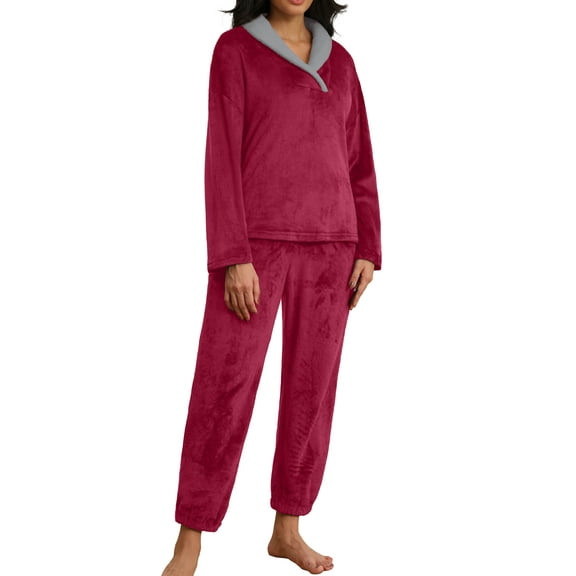 MINTREUS Women's Fluffy Pajamas Set Coral Fleece Pullover Pants Plush Sleepwear 2 Piece Pjs Set Warm Loungewear