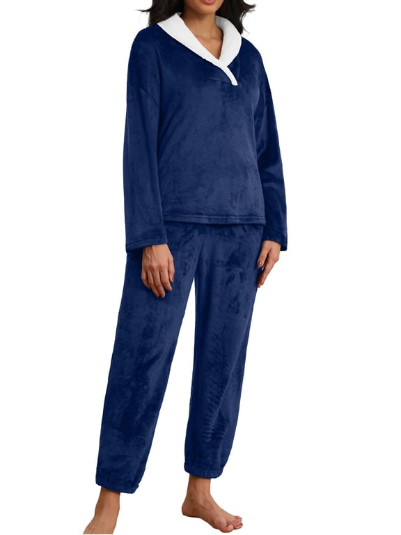 Women's Fluffy Pajamas Set Coral Fleece Pullover Pants Plush Sleepwear 2 Piece Pjs Set Warm Loungewear