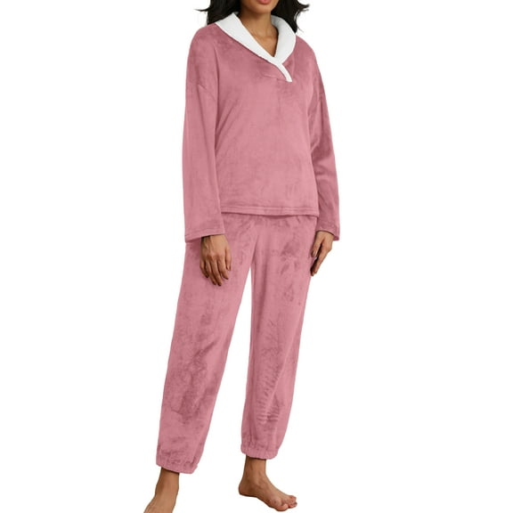 MINTREUS Women's Fluffy Pajamas Set Coral Fleece Pullover Pants Plush Sleepwear 2 Piece Pjs Set Warm Loungewear