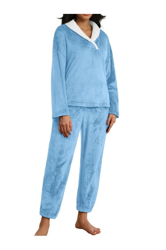 Women's Fluffy Pajamas Set Coral Fleece Pullover Pants Plush Sleepwear 2 Piece Pjs Set Warm Loungewear