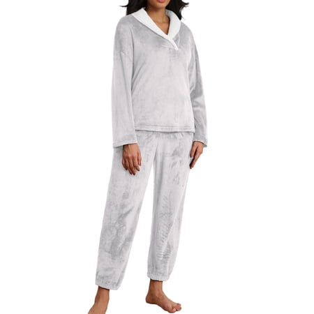 MINTREUS Women's Fluffy Pajamas Set Coral Fleece Pullover Pants Plush Sleepwear 2 Piece Pjs Set Warm Loungewear
