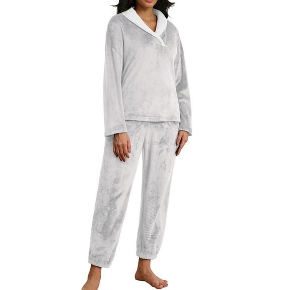 MINTREUS Women's Fluffy Pajamas Set Coral Fleece Pullover Pants Plush Sleepwear 2 Piece Pjs Set Warm Loungewear
