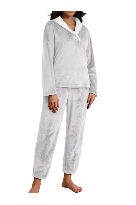 Women's Fluffy Pajamas Set Coral Fleece Pullover Pants Plush Sleepwear 2 Piece Pjs Set Warm Loungewear