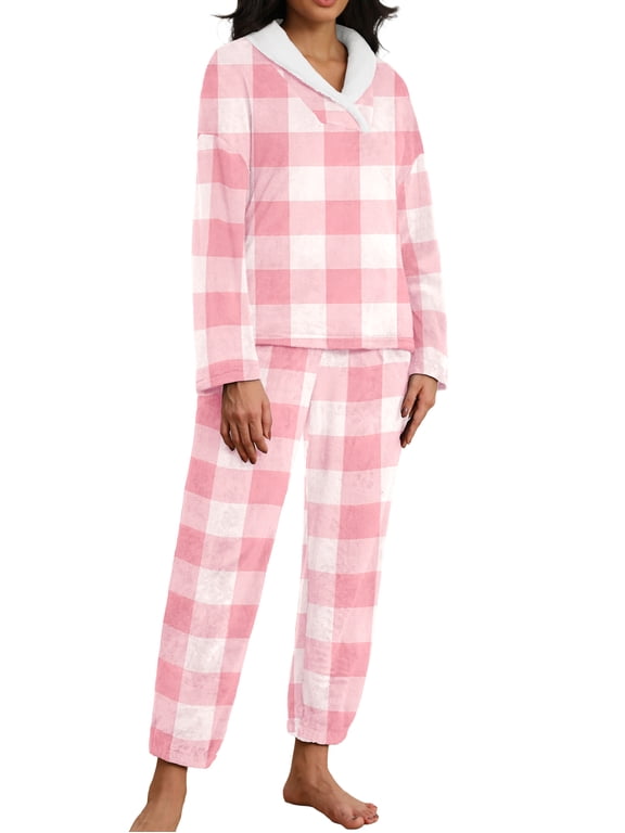 Women's Fluffy Pajamas Set Coral Fleece Pullover Pants Plush Sleepwear 2 Piece Pjs Set Warm Loungewear