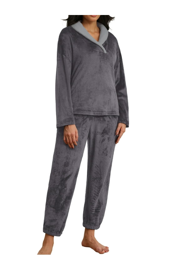 Women's Fluffy Pajamas Set Coral Fleece Pullover Pants Plush Sleepwear 2 Piece Pjs Set Warm Loungewear