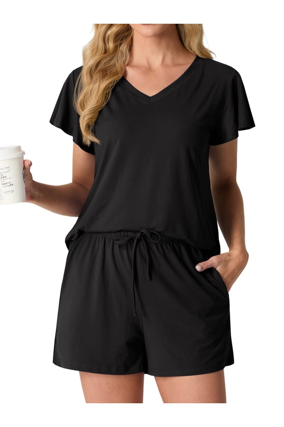 Women's Knit Pajamas Set Ruffle Sleeves Sleepwear Casual 2 Piece Pjs Soft Loungewear with Pockets
