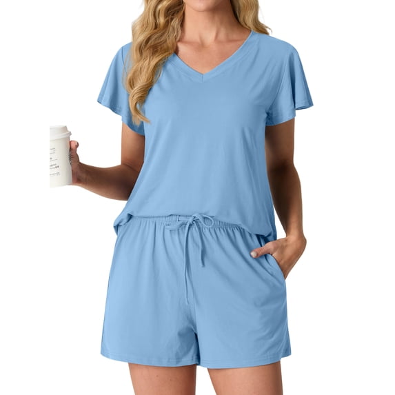 MINTREUS Women's Knit Pajamas Set Ruffle Sleeves Sleepwear Casual 2 Piece Pjs Soft Loungewear with Pockets