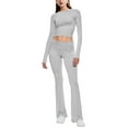 thumbnail image 1 of MINTREUS Women's Lounge Set Long Sleeve Crop Top Foldover Flare Pants Fall 2 Piece Pajamas Tracksuit, 1 of 7
