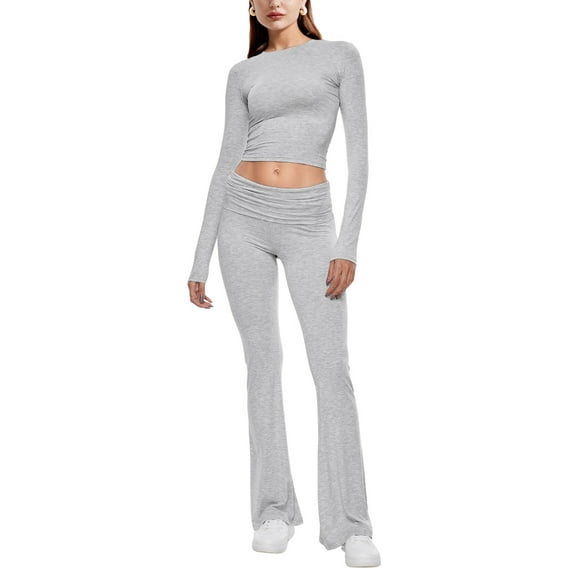 MINTREUS Women's Lounge Set Long Sleeve Crop Top Foldover Flare Pants Fall 2 Piece Pajamas Tracksuit
