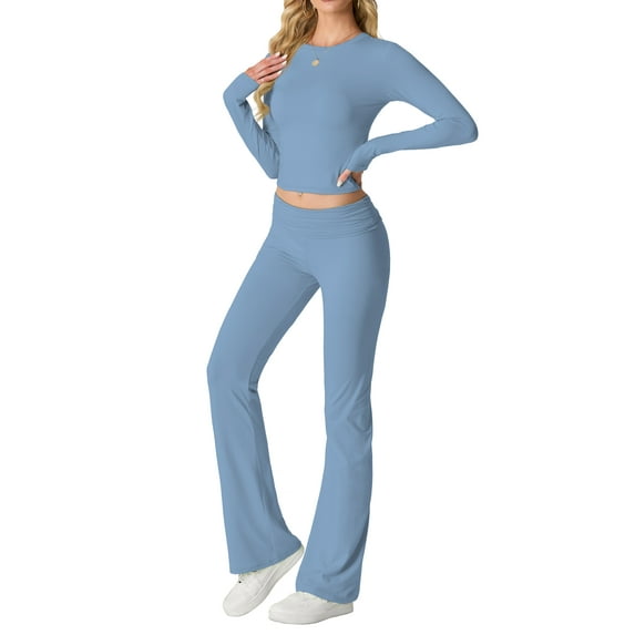MINTREUS Women's Lounge Set Long Sleeve Crop Top Foldover Flare Pants Fall 2 Piece Pajamas Tracksuit