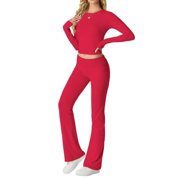 MINTREUS Women's Lounge Set Long Sleeve Crop Top Foldover Flare Pants Fall 2 Piece Pajamas Tracksuit