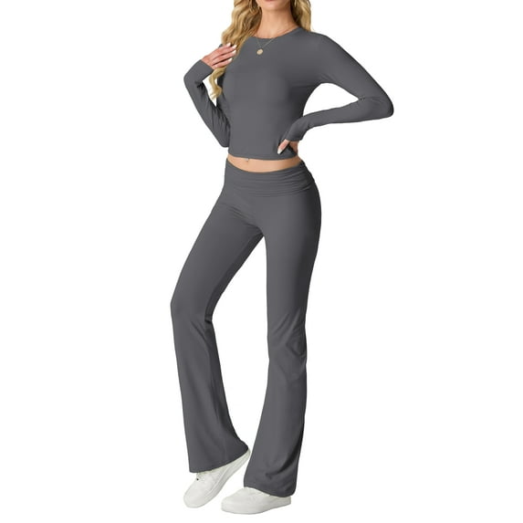 MINTREUS Women's Lounge Set Long Sleeve Crop Top Foldover Flare Pants Fall 2 Piece Pajamas Tracksuit