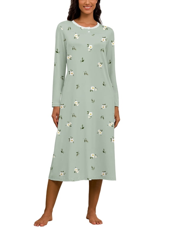 Nightgown for Women Pajama Long Sleeve Sleepwear Henleyt Neck House Dress with Pockets