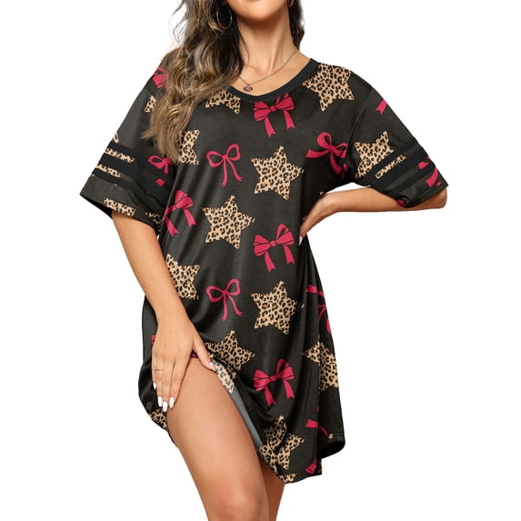 MINTREUS Women's Valentine's Day Nightgown Short Sleeve Nightshirt V Neck Sleep Shirt Loose Loungewear Casual Sleepwear S-3X