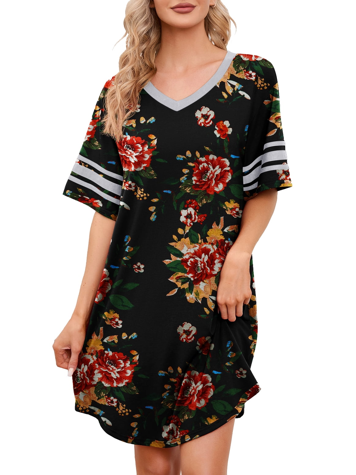 MINTREUS Women's Nightgown Short Sleeve Nightshirt V Neck Sleep Shirt ...