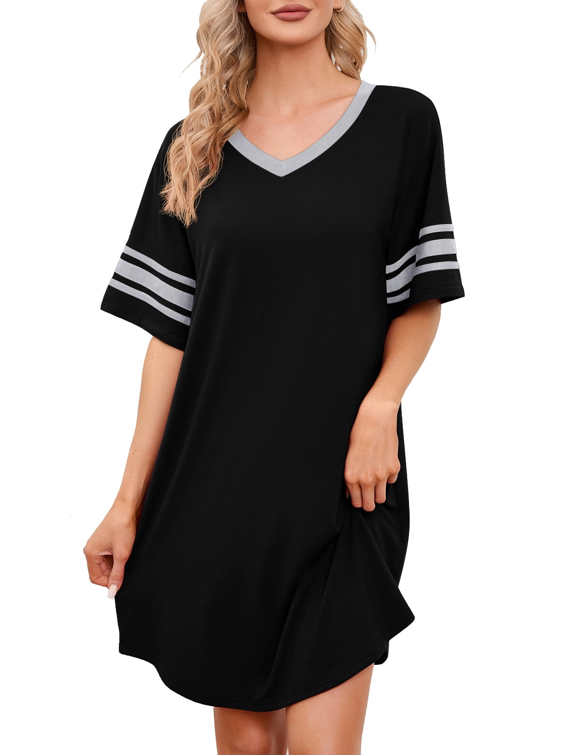 MINTREUS Women's Nightgown Short Sleeve Nightshirt V Neck Sleep Shirt