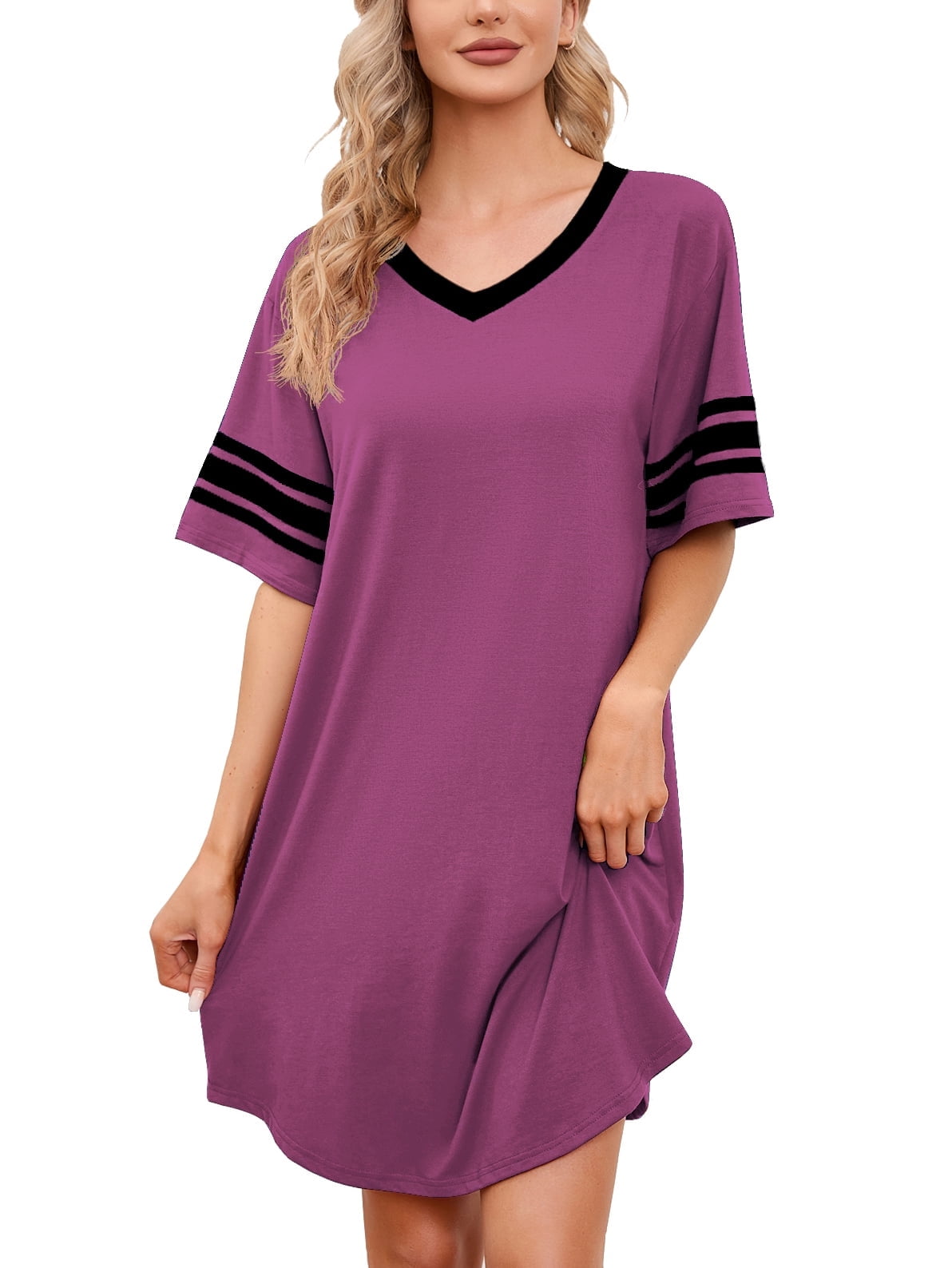 MINTREUS Women's Nightgown Short Sleeve Nightshirt V Neck Sleep Shirt ...