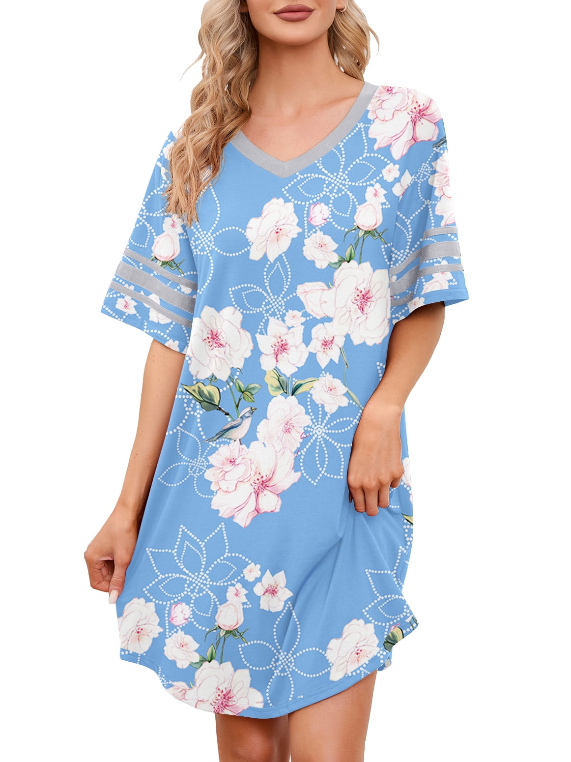 MINTREUS Women's V Neck Short Sleeve Nightgown, Loose Loungewear Casual ...