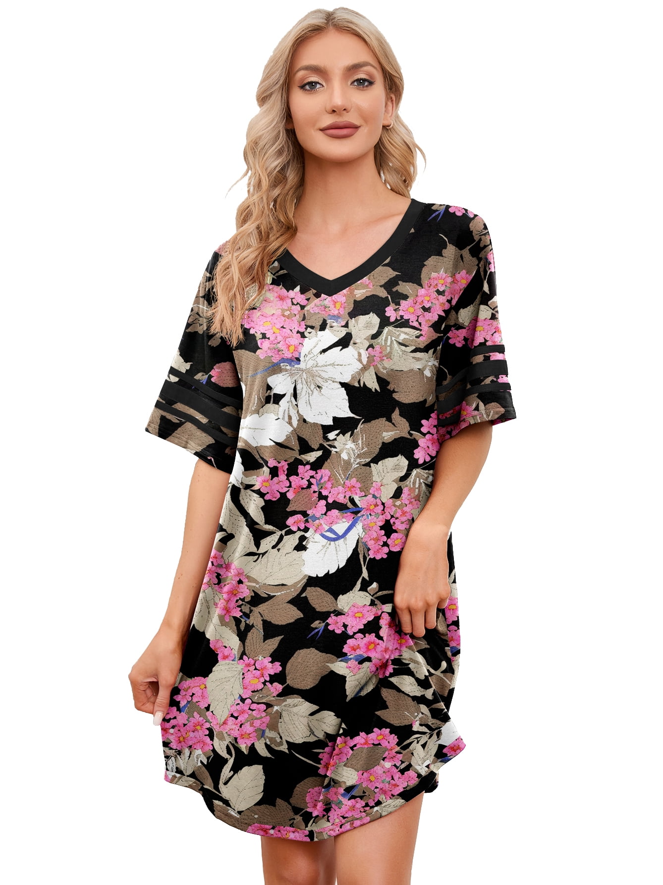 MINTREUS Women's Nightgown Short Sleeve Nightshirt V Neck Sleep Shirt ...