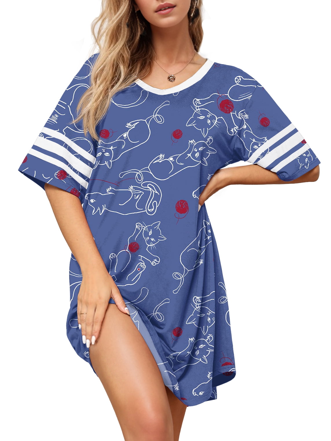 MINTREUS Women's Nightgown Short Sleeve Nightshirt V Neck Sleep Shirt ...