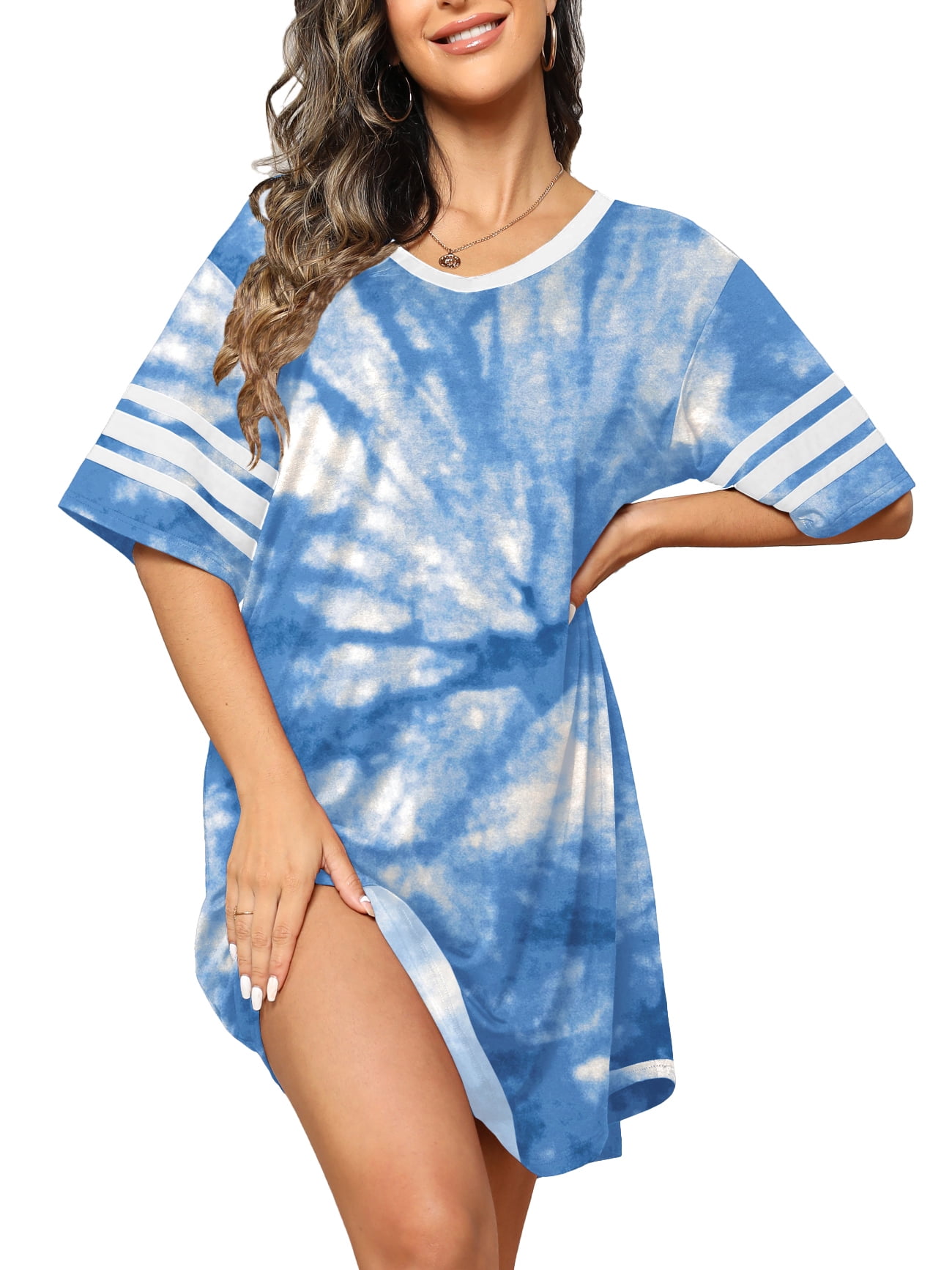 MINTREUS Women's Nightgown Short Sleeve Nightshirt V Neck Sleep Shirt ...