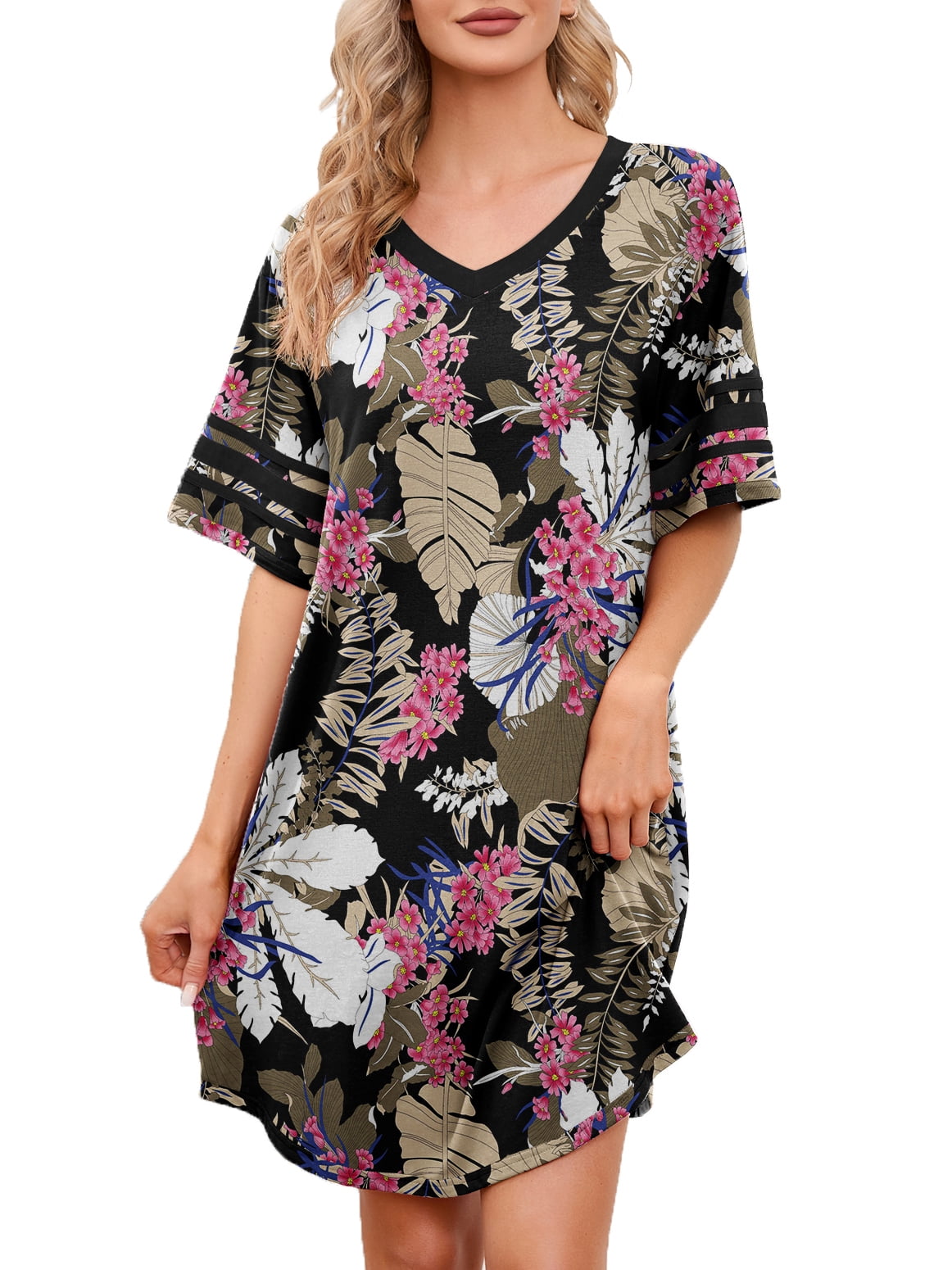 MINTREUS Women's V Neck Nightgown, Short Sleeve Nightshirt, Loose ...