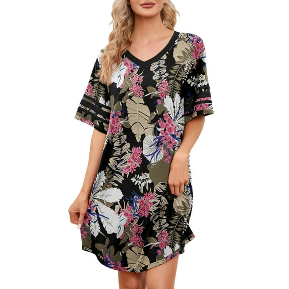 MINTREUS Women's Nightgown Short Sleeve Nightshirt V Neck Sleep Shirt Loose Loungewear Casual Sleepwear S-3X