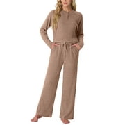 MINTREUS Women's Pajama Set Long Sleeve Lounge Set Ribbed knit Sleepwear Two Piece Pjs Set with Pocket
