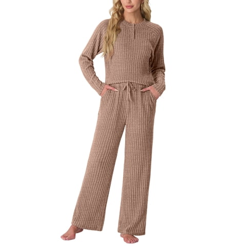Women's Pajama Set Long Sleeve Lounge Set Ribbed knit Sleepwear Two Piece Pjs Set with Pocket