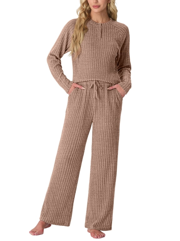 Women's Pajama Set Long Sleeve Lounge Set Ribbed knit Sleepwear Two Piece Pjs Set with Pocket