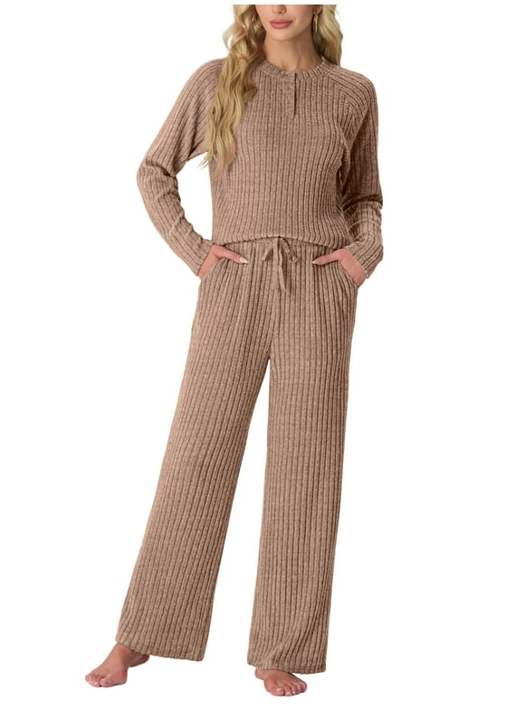 Women's Pajama Set Long Sleeve Lounge Set Ribbed knit Sleepwear Two Piece Pjs Set with Pocket