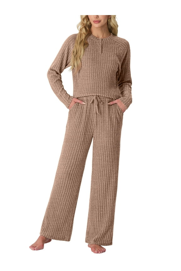 Women's Pajama Set Long Sleeve Lounge Set Ribbed knit Sleepwear Two Piece Pjs Set with Pocket