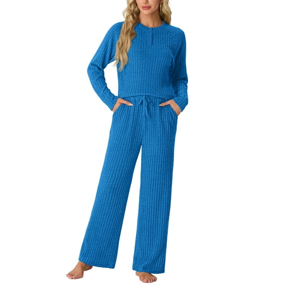 MINTREUS Women's Pajama Set Long Sleeve Lounge Set Ribbed knit Sleepwear Two Piece Pjs Set with Pocket